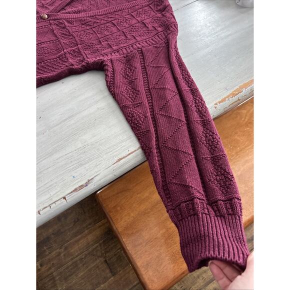 Vtg Structure Burgundy Cable Knit Fisherman Leather Buttons Cardigan Sz L 90s - Picture 4 of 10